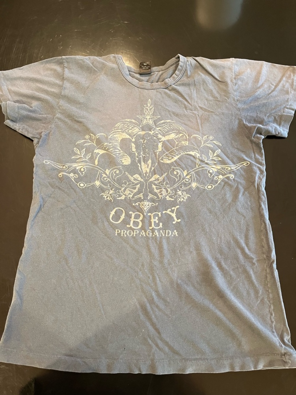 Obey Men’s Short-Sleeve Graphic Tee in Light Blue with Cream Print